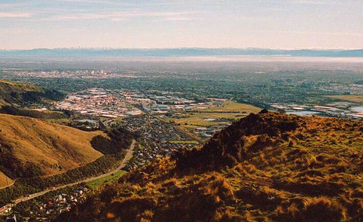 Christchurch city with alps in background viewed from Port Hills