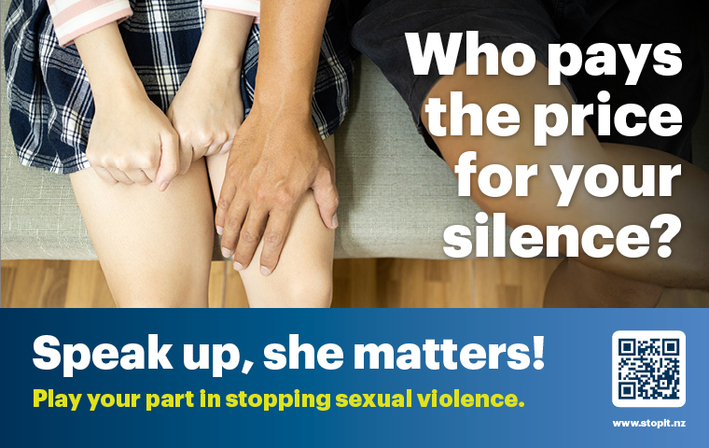 a school girl sits anxiously as a male hand feels up her thigh, the caption reads, "Who pays the price for your silence?"