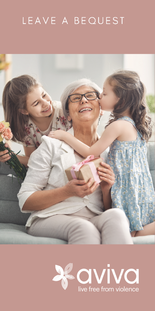 a grandmother holds a gift box on the front of the Aviva bequest brochure.