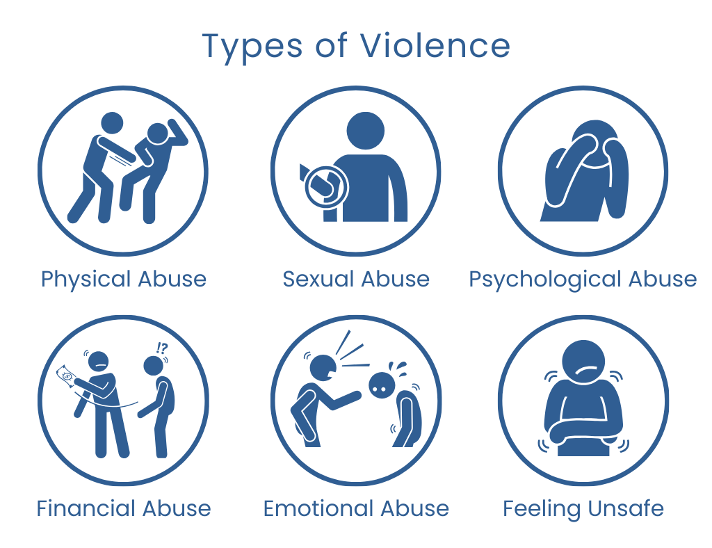 infographic of types of violence: physical, sexual, psychological, financial, etc.
